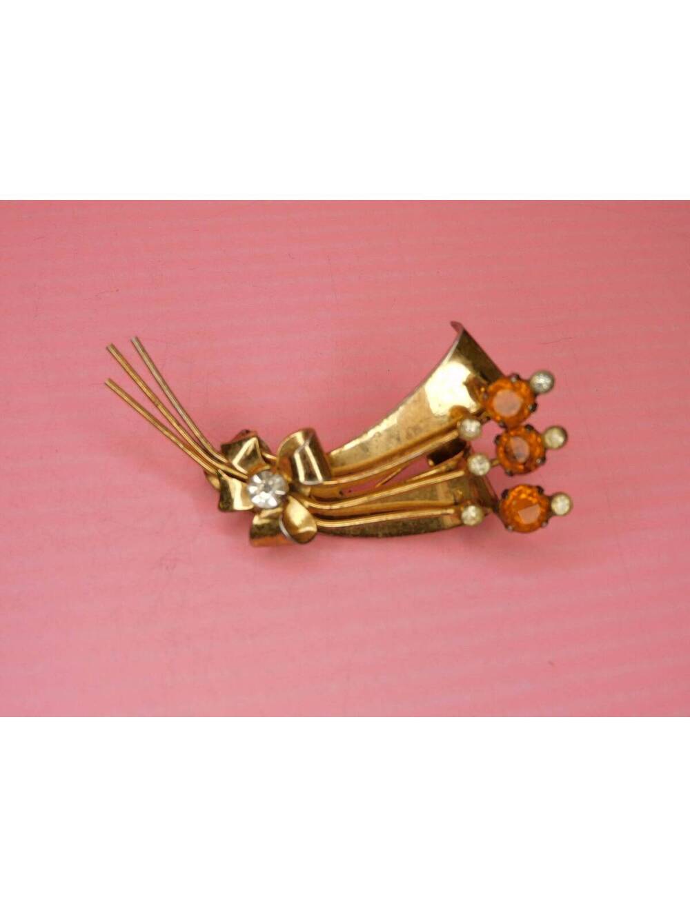 Vintage Gold Orange and Clear Coro Sterling Rhinestone Pin